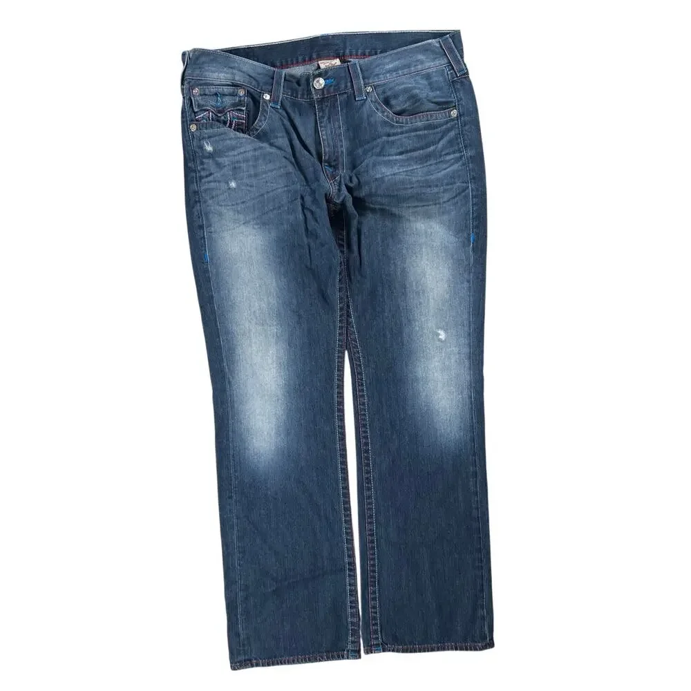 True Religion Straight Leg Jeans Horseshoe Embroidery Back Flap Size 38